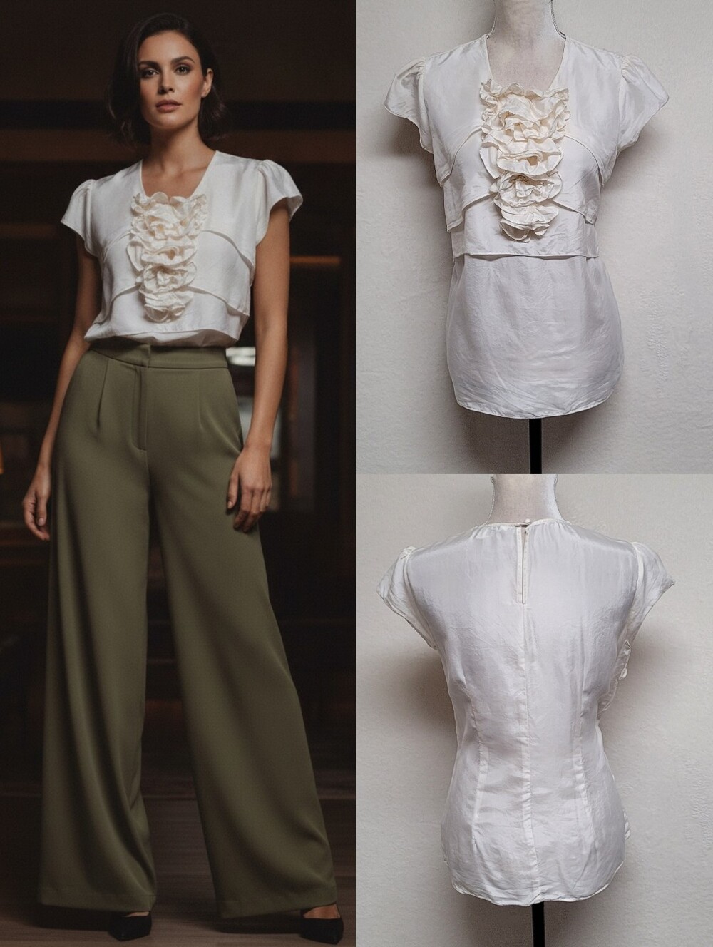 Vintage Y2K Cabi #653 Ivory Silk Cascading Ruffle Tiered Cap Sleeve Blouse M